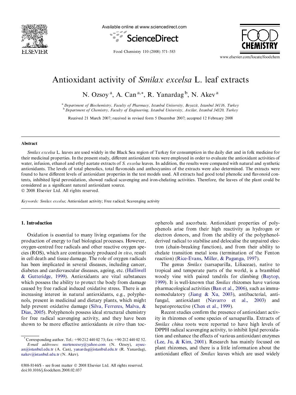 Antioxidant activity of Smilax excelsa L. leaf extracts