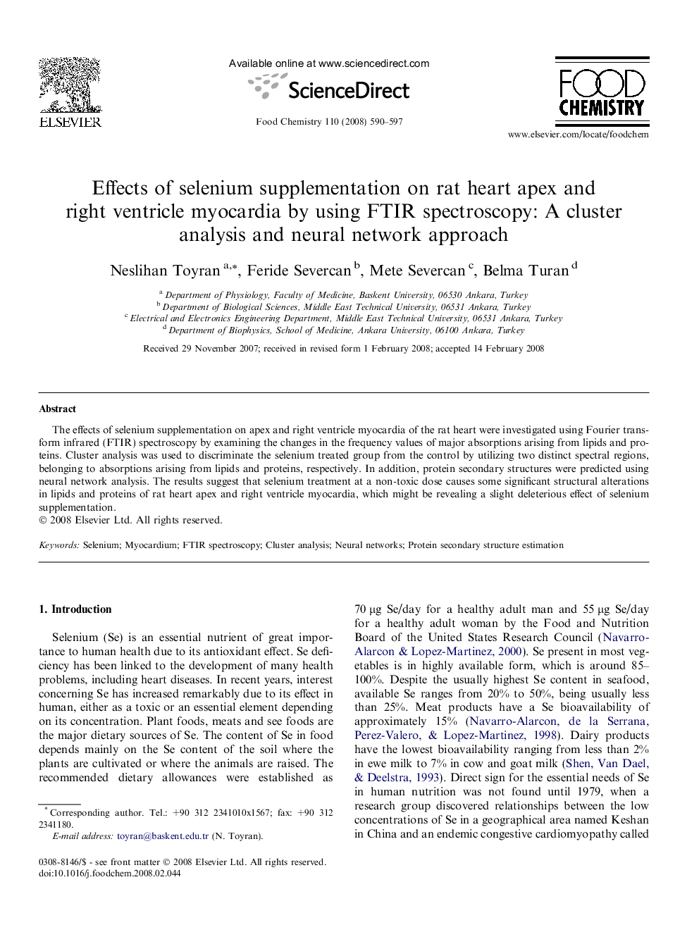 Effects of selenium supplementation on rat heart apex and right ventricle myocardia by using FTIR spectroscopy: A cluster analysis and neural network approach