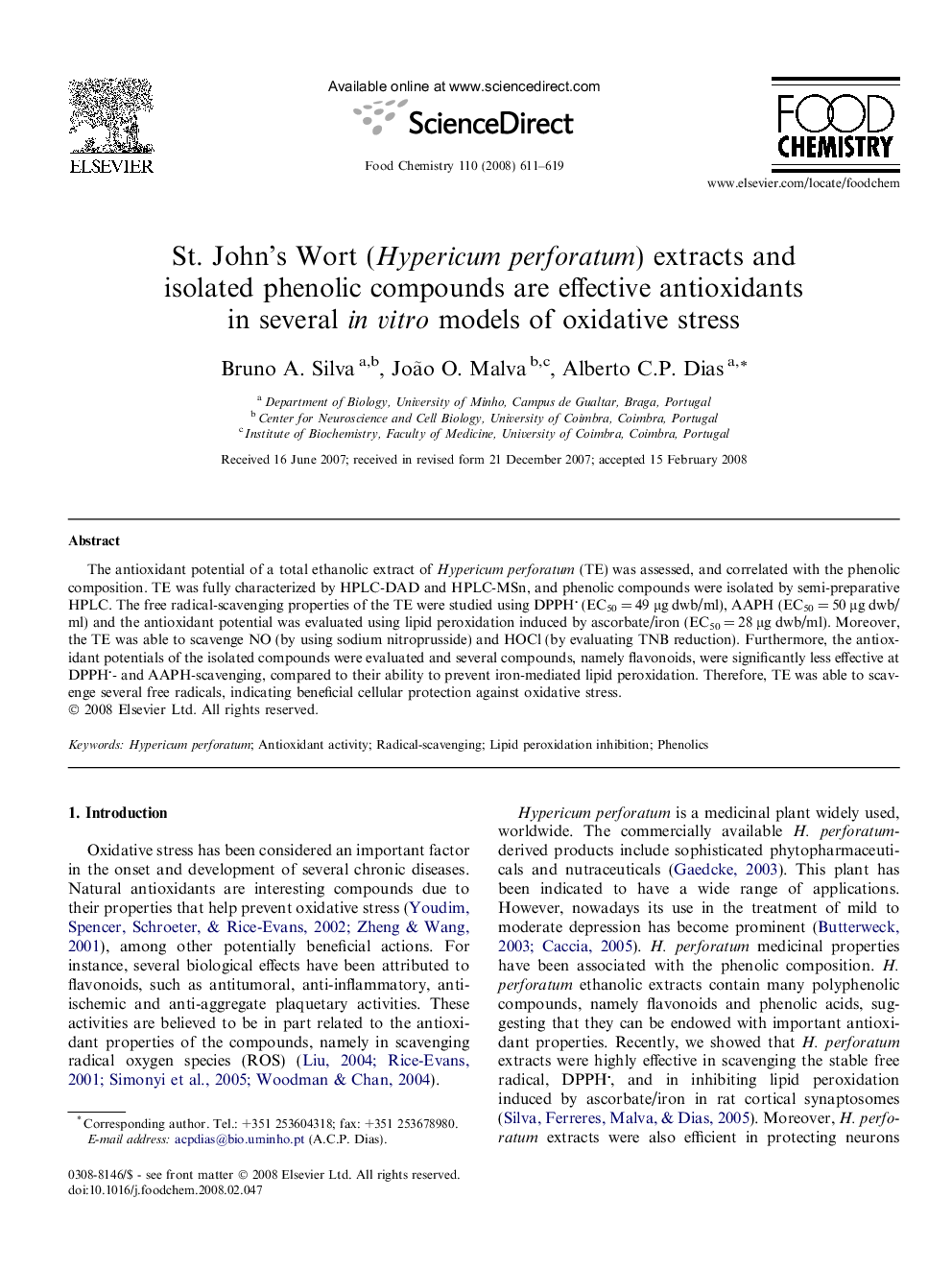 St. John’s Wort (Hypericum perforatum) extracts and isolated phenolic compounds are effective antioxidants in several in vitro models of oxidative stress