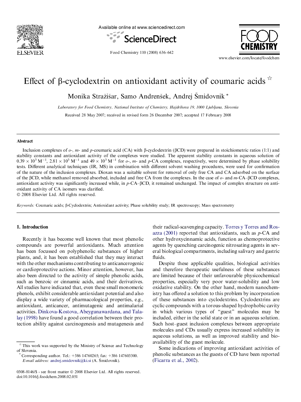 Effect of β-cyclodextrin on antioxidant activity of coumaric acids 