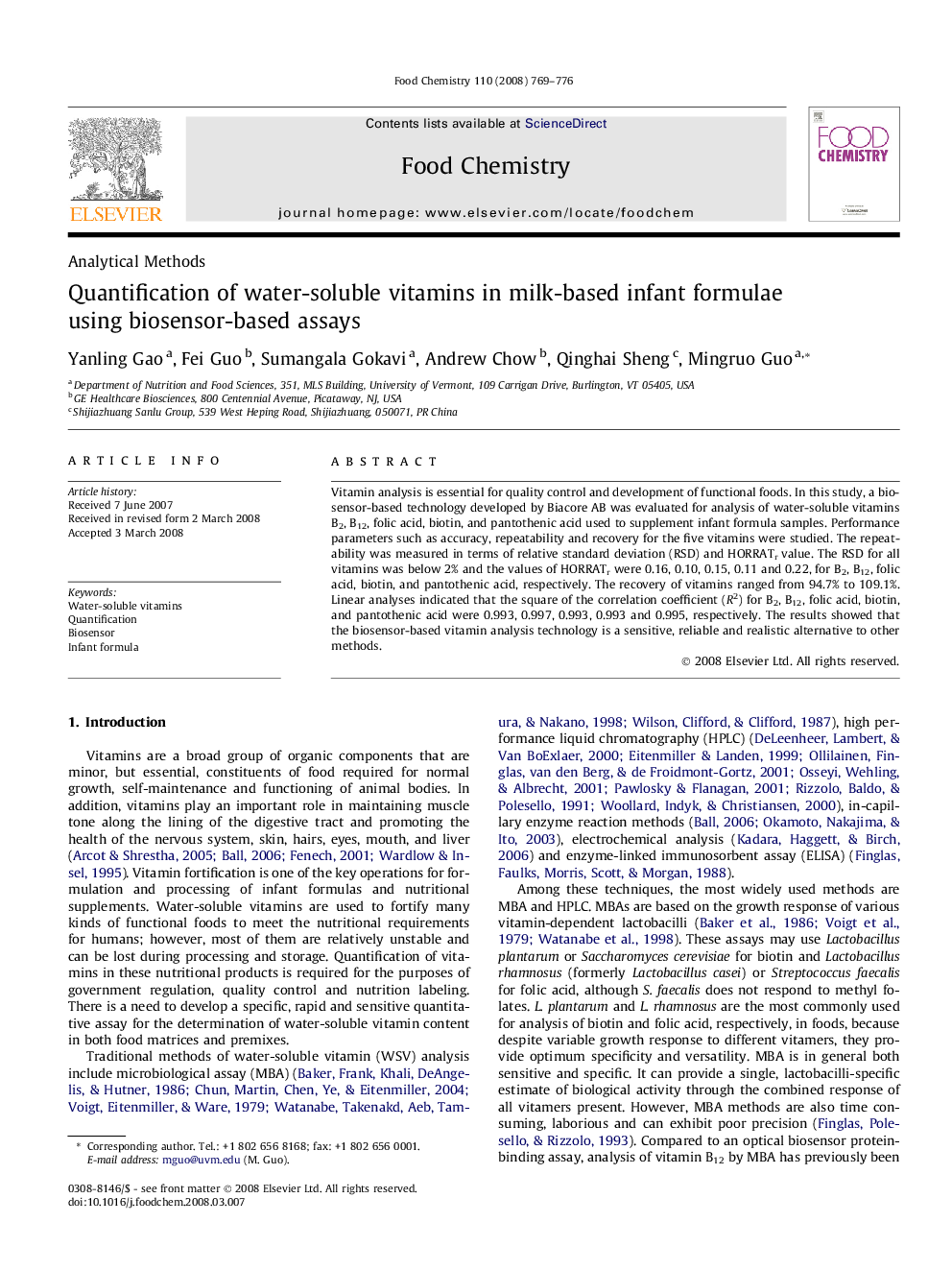 Quantification of water-soluble vitamins in milk-based infant formulae using biosensor-based assays