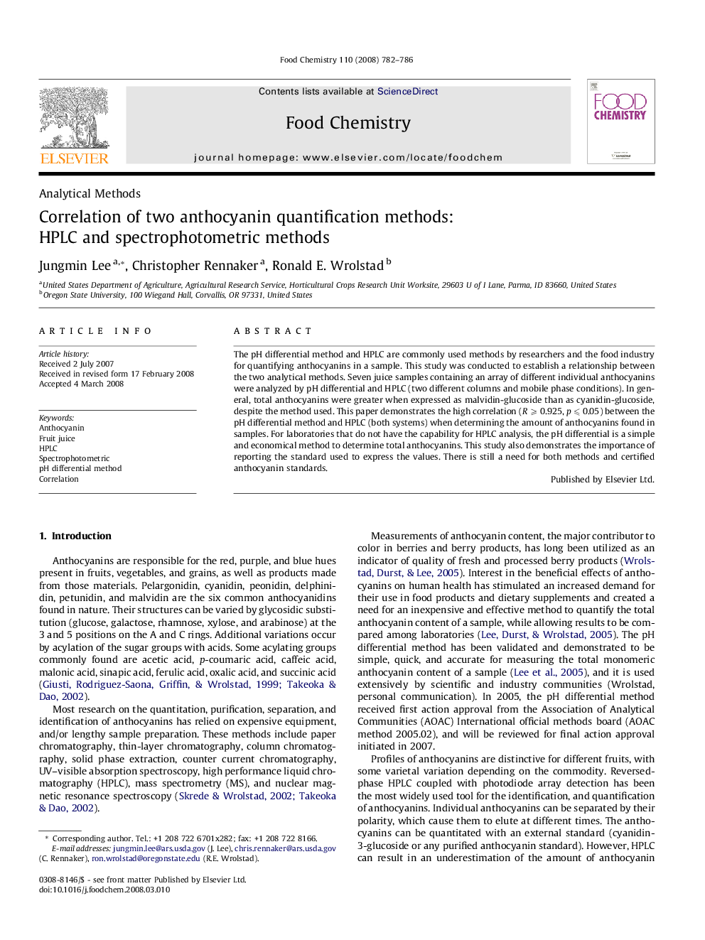 Correlation of two anthocyanin quantification methods: HPLC and spectrophotometric methods