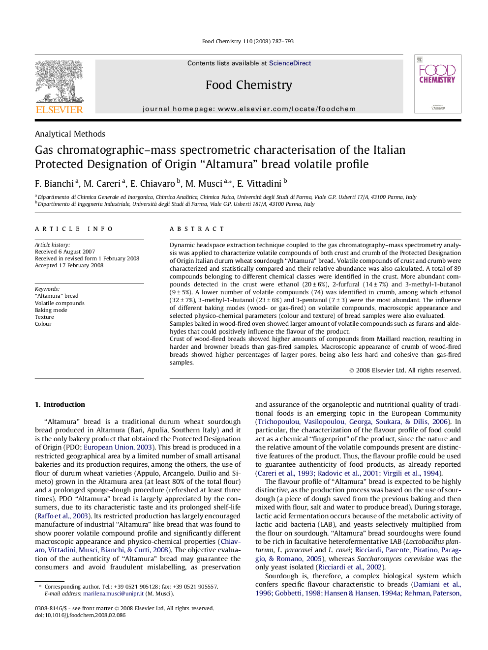 Gas chromatographic–mass spectrometric characterisation of the Italian Protected Designation of Origin “Altamura” bread volatile profile