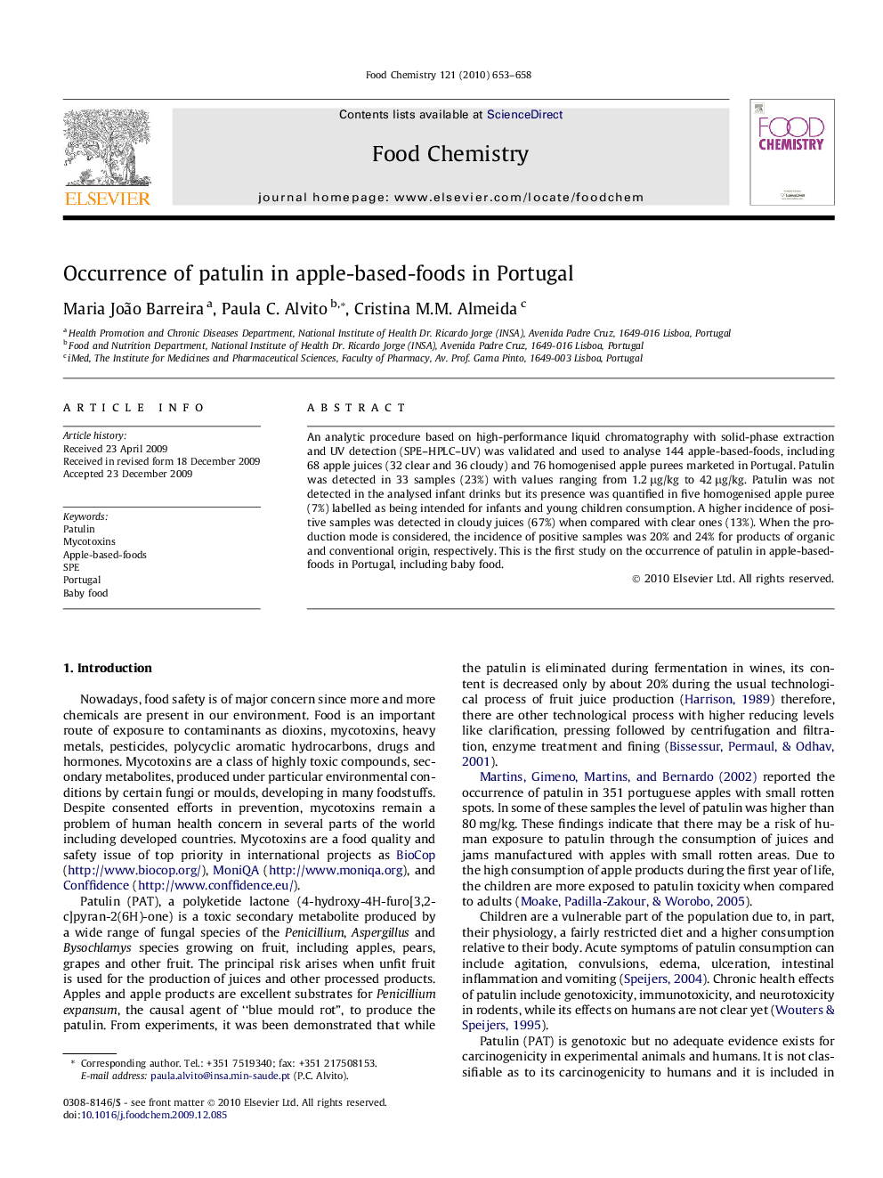 Occurrence of patulin in apple-based-foods in Portugal