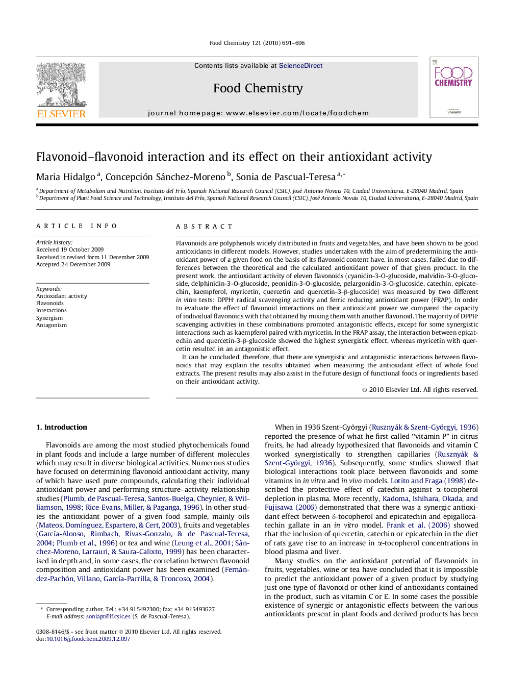 Flavonoid–flavonoid interaction and its effect on their antioxidant activity