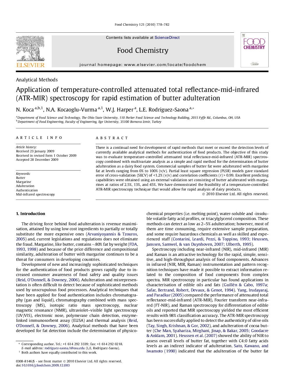 عکس صفحه اول مقاله: Application of temperature-controlled attenuated total reflectance-mid-infrared (ATR-MIR) spectroscopy for rapid estimation of butter adulteration Application of temperature-controlled attenuated total reflectance-mid-infrared (ATR-MIR) spectroscopy for rapid estimation of butter adulteration