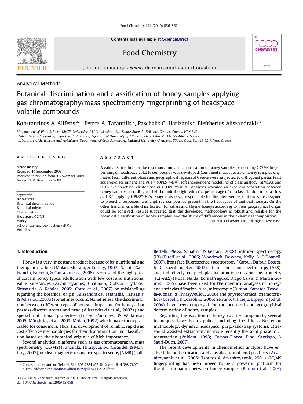 Botanical discrimination and classification of honey samples applying gas chromatography/mass spectrometry fingerprinting of headspace volatile compounds