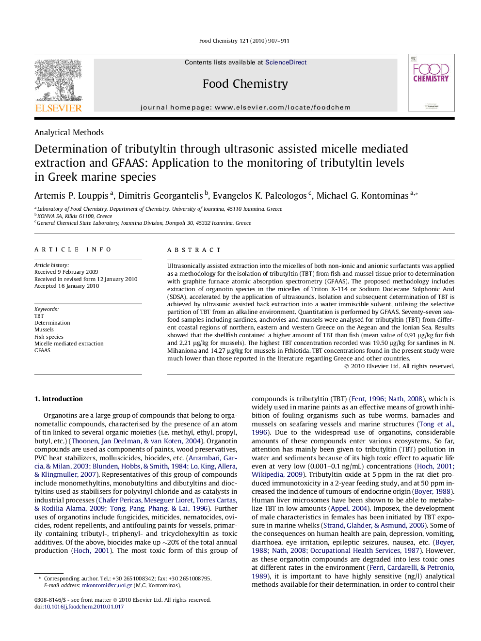 Determination of tributyltin through ultrasonic assisted micelle mediated extraction and GFAAS: Application to the monitoring of tributyltin levels in Greek marine species