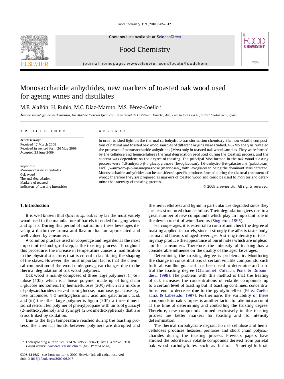 Monosaccharide anhydrides, new markers of toasted oak wood used for ageing wines and distillates