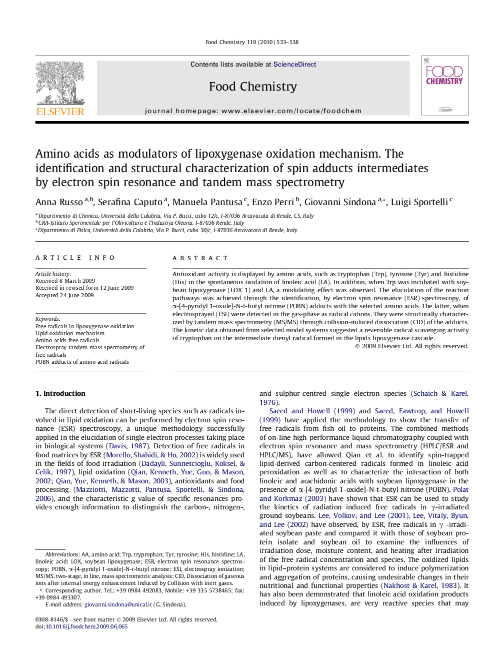 Amino acids as modulators of lipoxygenase oxidation mechanism. The identification and structural characterization of spin adducts intermediates by electron spin resonance and tandem mass spectrometry