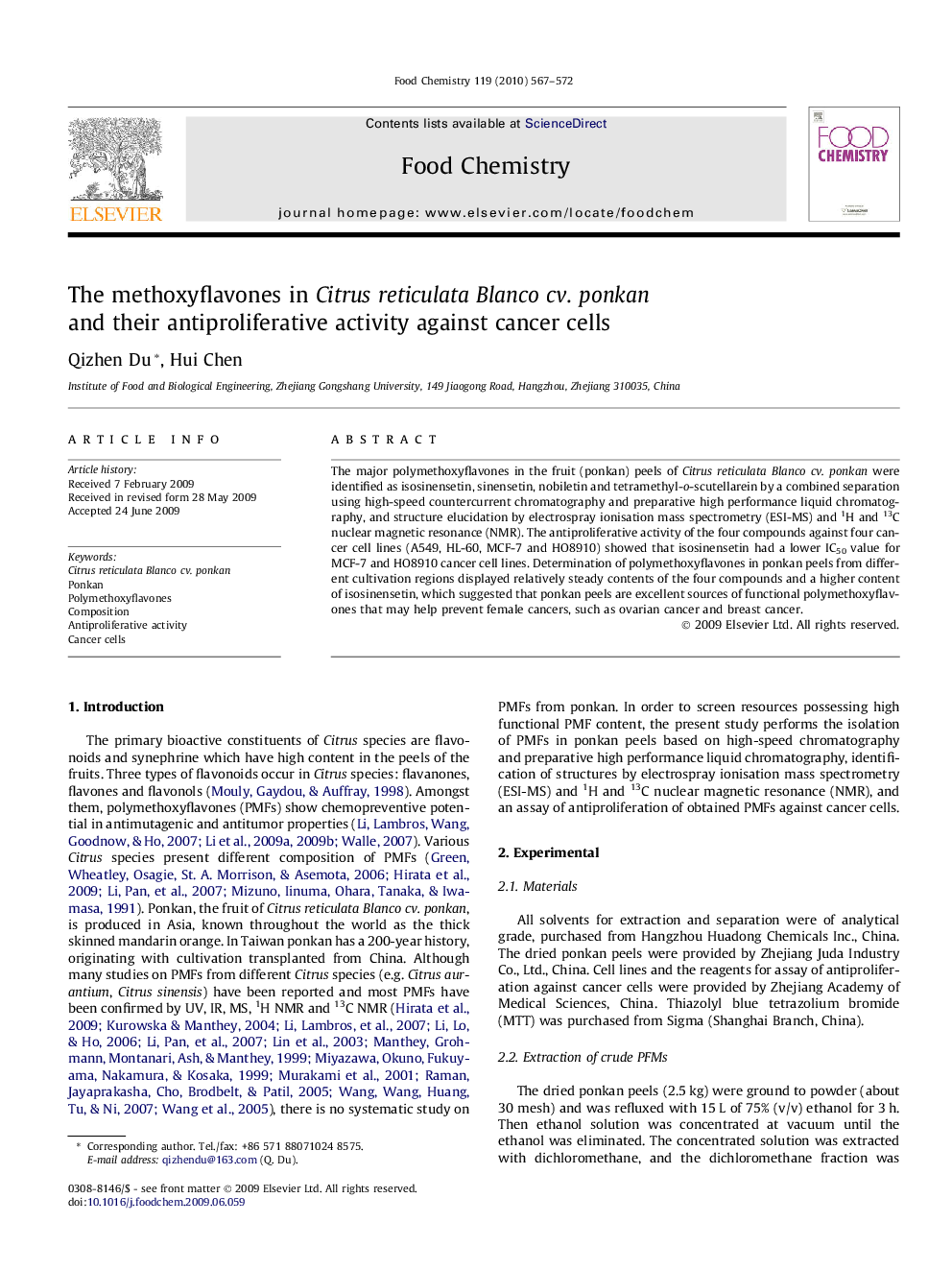 عکس صفحه اول مقاله: The methoxyflavones in Citrus reticulata Blanco cv. ponkan and their antiproliferative activity against cancer cells The methoxyflavones in Citrus reticulata Blanco cv. ponkan and their antiproliferative activity against cancer cells