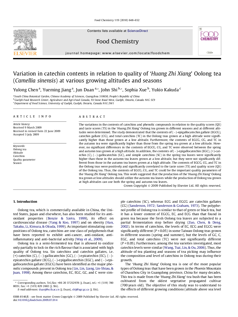 Variation in catechin contents in relation to quality of ‘Huang Zhi Xiang’ Oolong tea (Camellia sinensis) at various growing altitudes and seasons