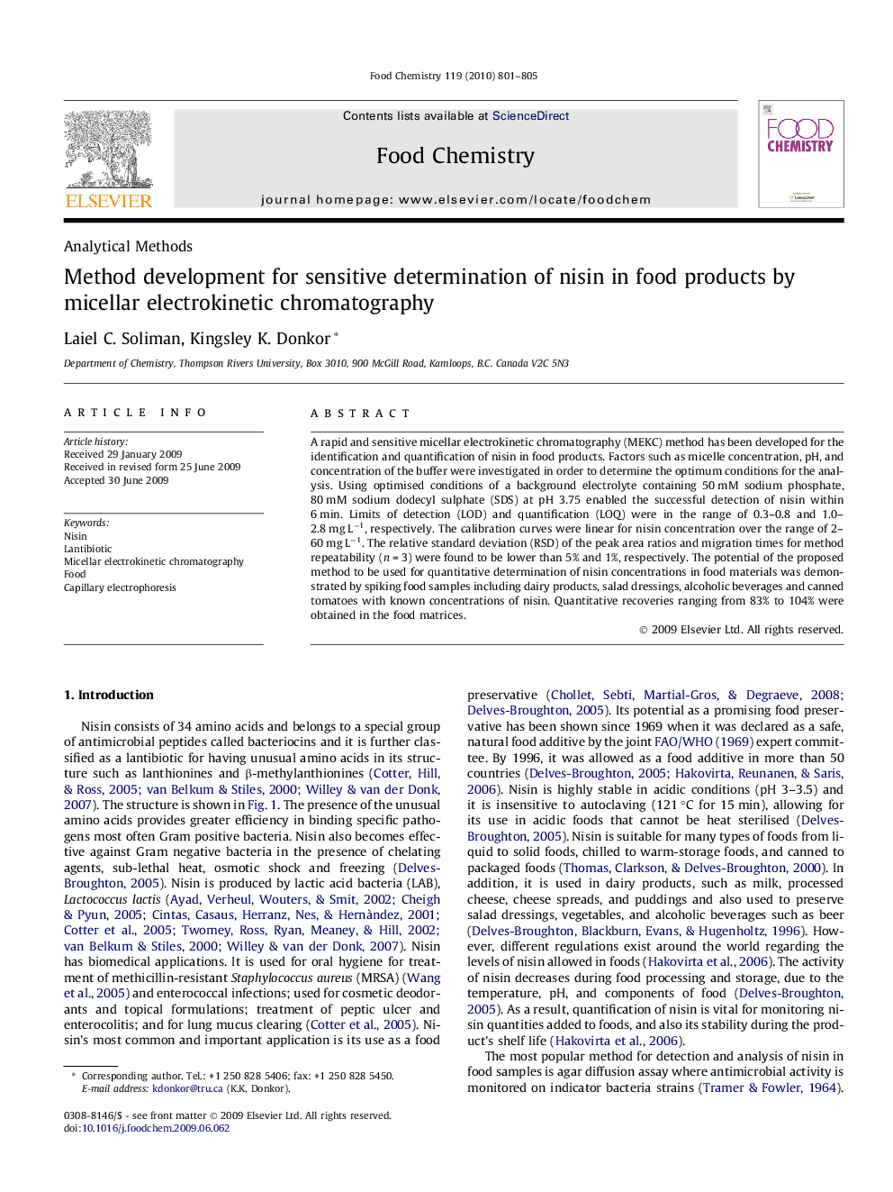 عکس صفحه اول مقاله: Method development for sensitive determination of nisin in food products by micellar electrokinetic chromatography Method development for sensitive determination of nisin in food products by micellar electrokinetic chromatography