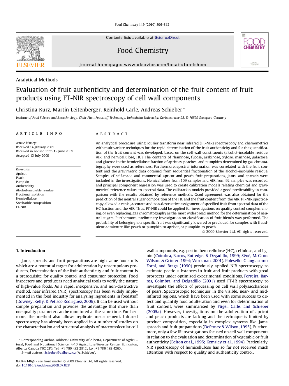 Evaluation of fruit authenticity and determination of the fruit content of fruit products using FT-NIR spectroscopy of cell wall components