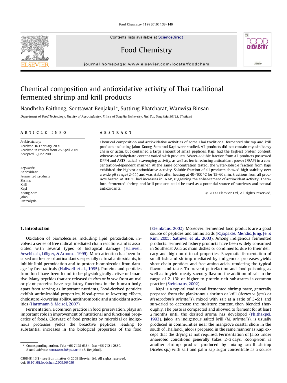 Chemical composition and antioxidative activity of Thai traditional fermented shrimp and krill products