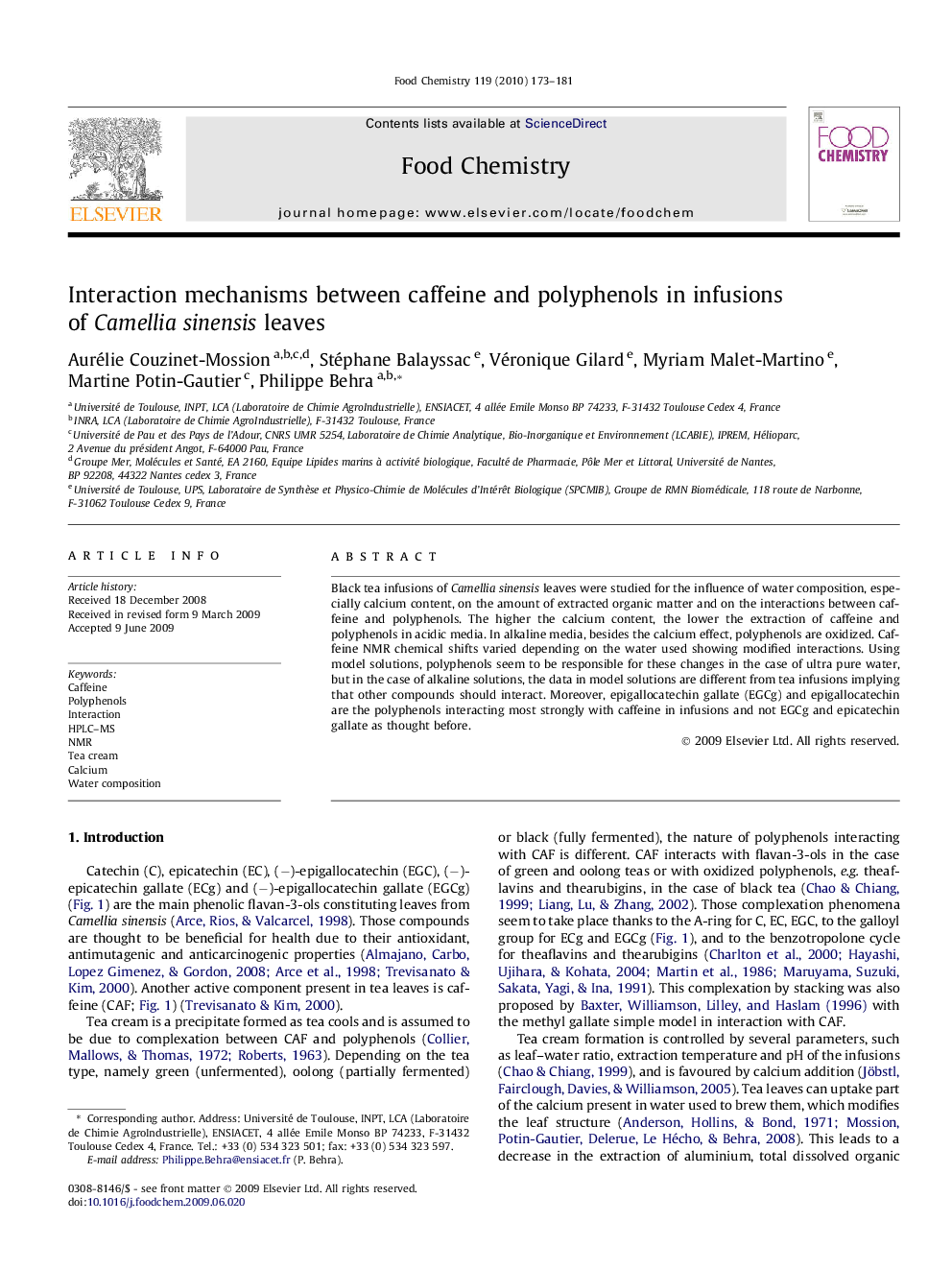 عکس صفحه اول مقاله: Interaction mechanisms between caffeine and polyphenols in infusions of Camellia sinensis leaves Interaction mechanisms between caffeine and polyphenols in infusions of Camellia sinensis leaves