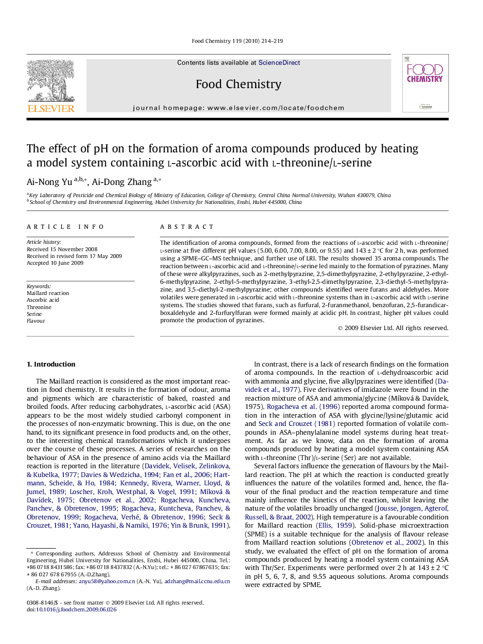 The effect of pH on the formation of aroma compounds produced by heating a model system containing l-ascorbic acid with l-threonine/l-serine