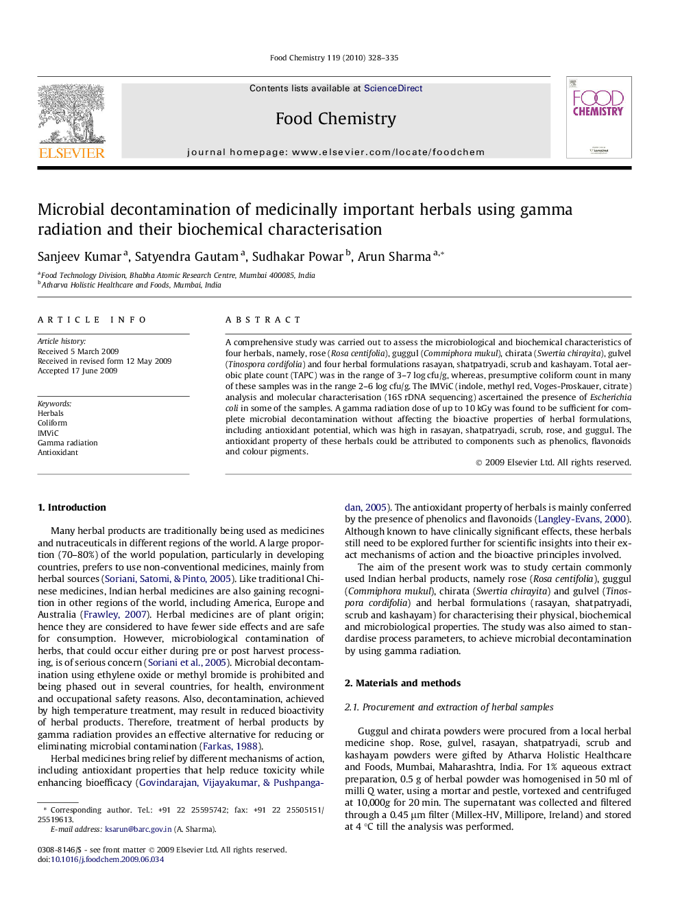 Microbial decontamination of medicinally important herbals using gamma radiation and their biochemical characterisation