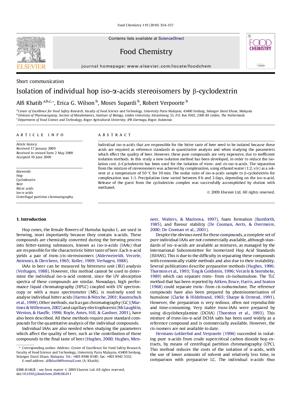 Isolation of individual hop iso-α-acids stereoisomers by β-cyclodextrin