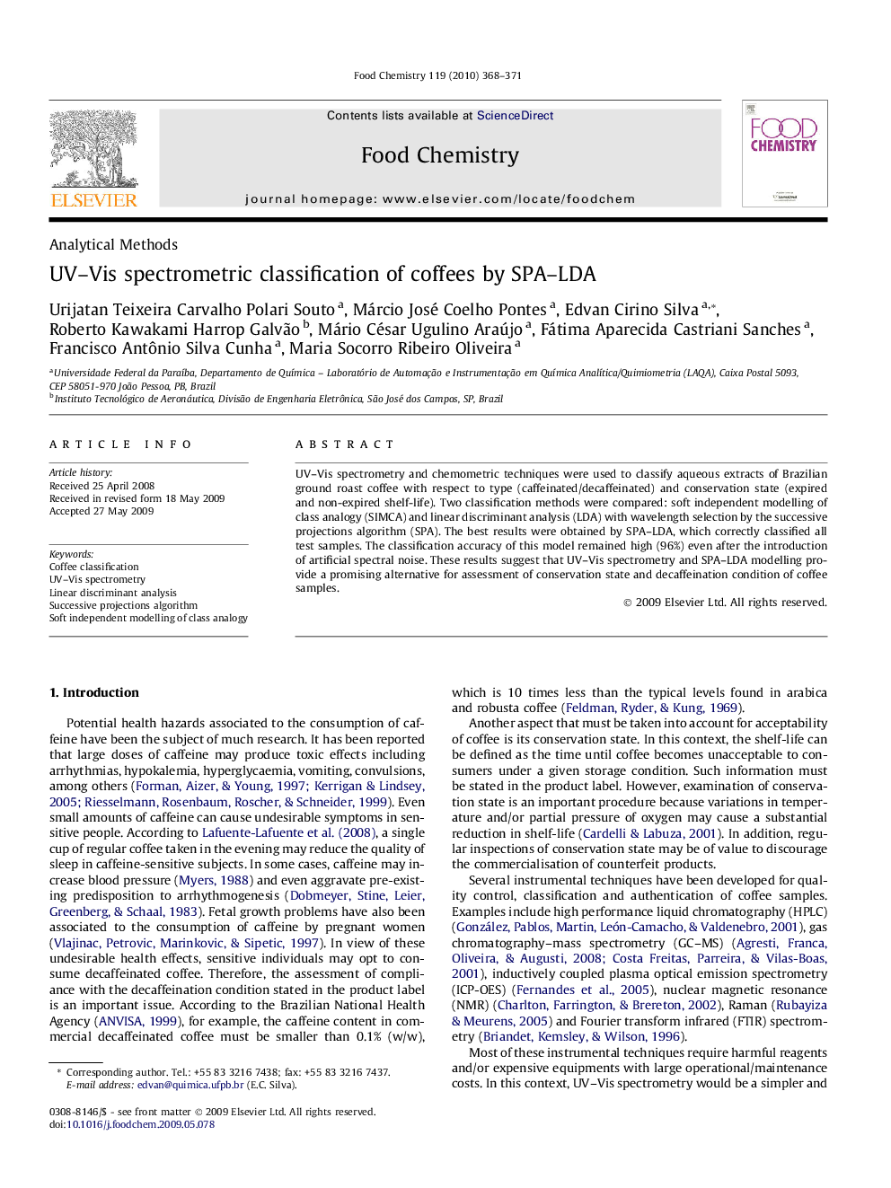 UV–Vis spectrometric classification of coffees by SPA–LDA