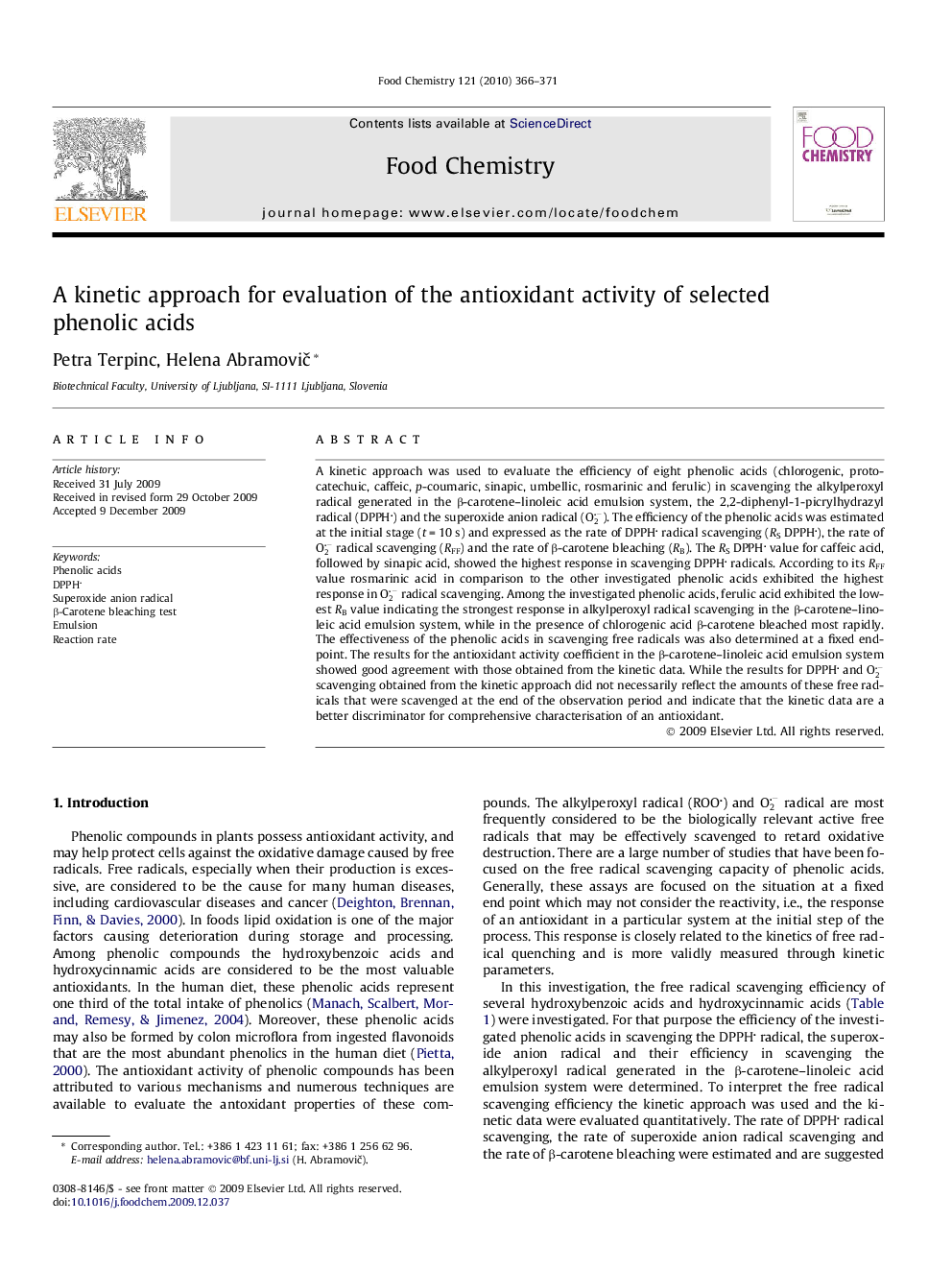 A kinetic approach for evaluation of the antioxidant activity of selected phenolic acids