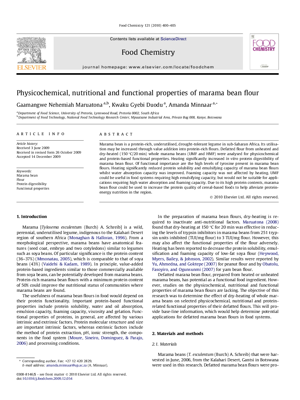 Physicochemical, nutritional and functional properties of marama bean flour