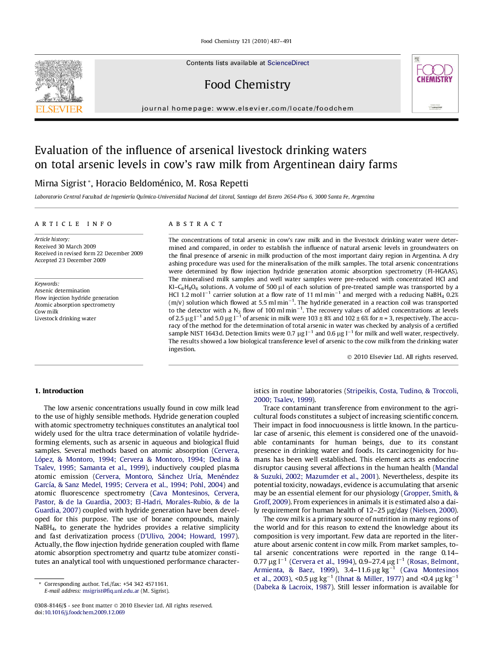 Evaluation of the influence of arsenical livestock drinking waters on total arsenic levels in cow’s raw milk from Argentinean dairy farms