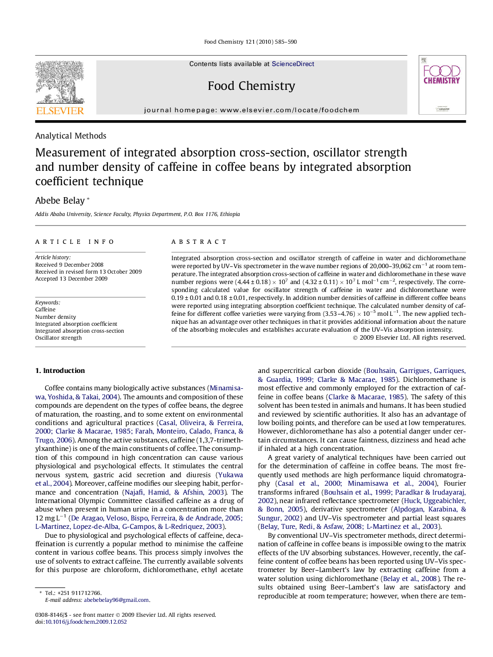 Measurement of integrated absorption cross-section, oscillator strength and number density of caffeine in coffee beans by integrated absorption coefficient technique