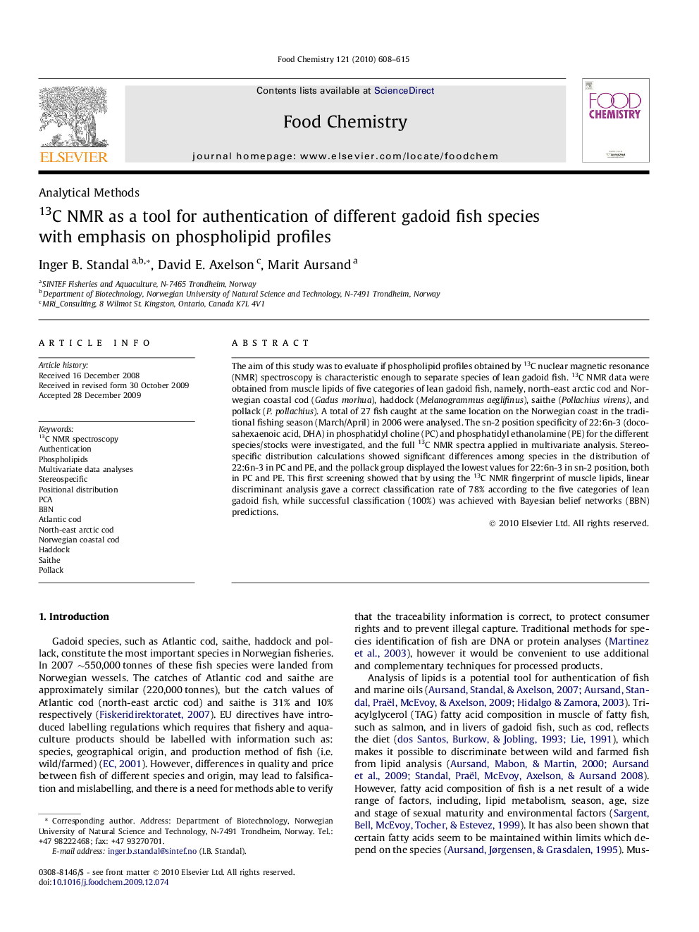 13C NMR as a tool for authentication of different gadoid fish species with emphasis on phospholipid profiles