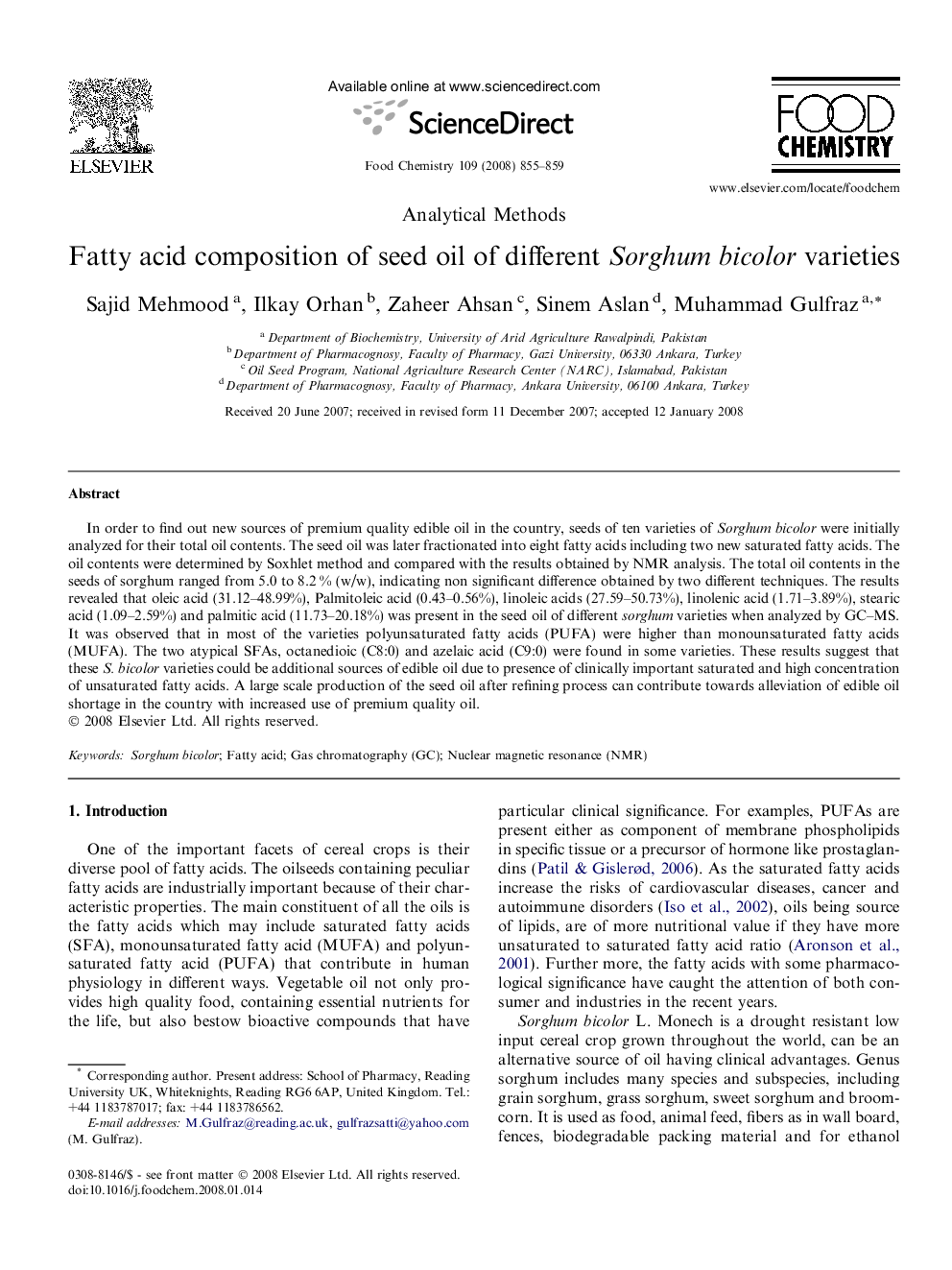 Fatty acid composition of seed oil of different Sorghum bicolor varieties