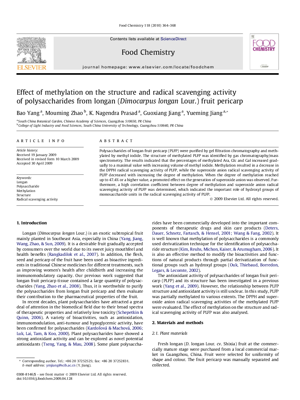 Effect of methylation on the structure and radical scavenging activity of polysaccharides from longan (Dimocarpus longan Lour.) fruit pericarp