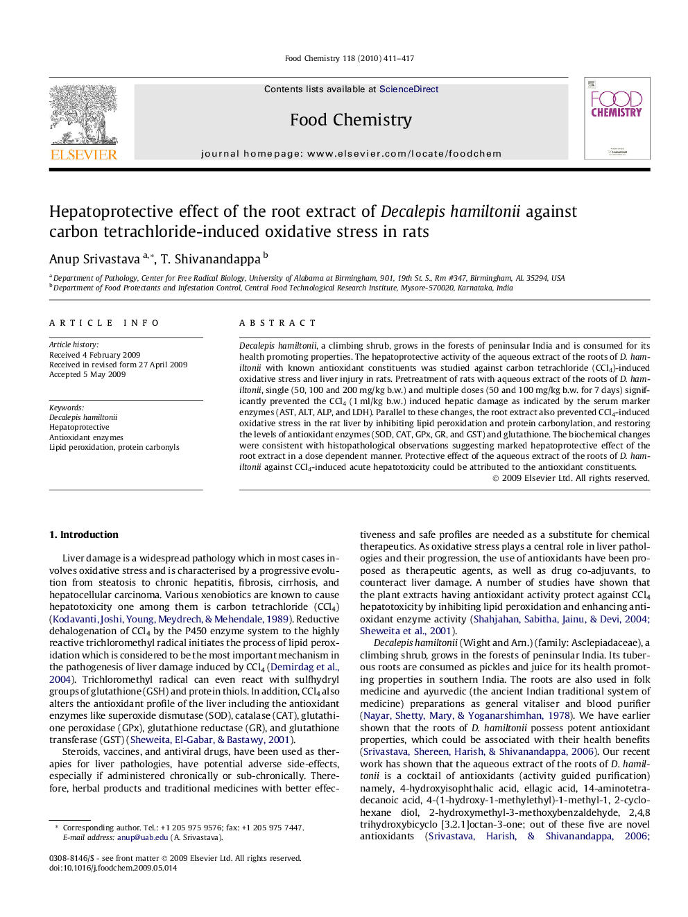 Hepatoprotective effect of the root extract of Decalepis hamiltonii against carbon tetrachloride-induced oxidative stress in rats