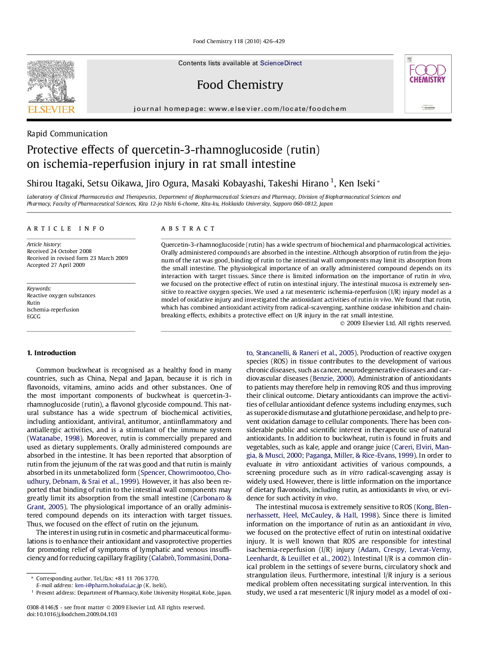 Protective effects of quercetin-3-rhamnoglucoside (rutin) on ischemia-reperfusion injury in rat small intestine