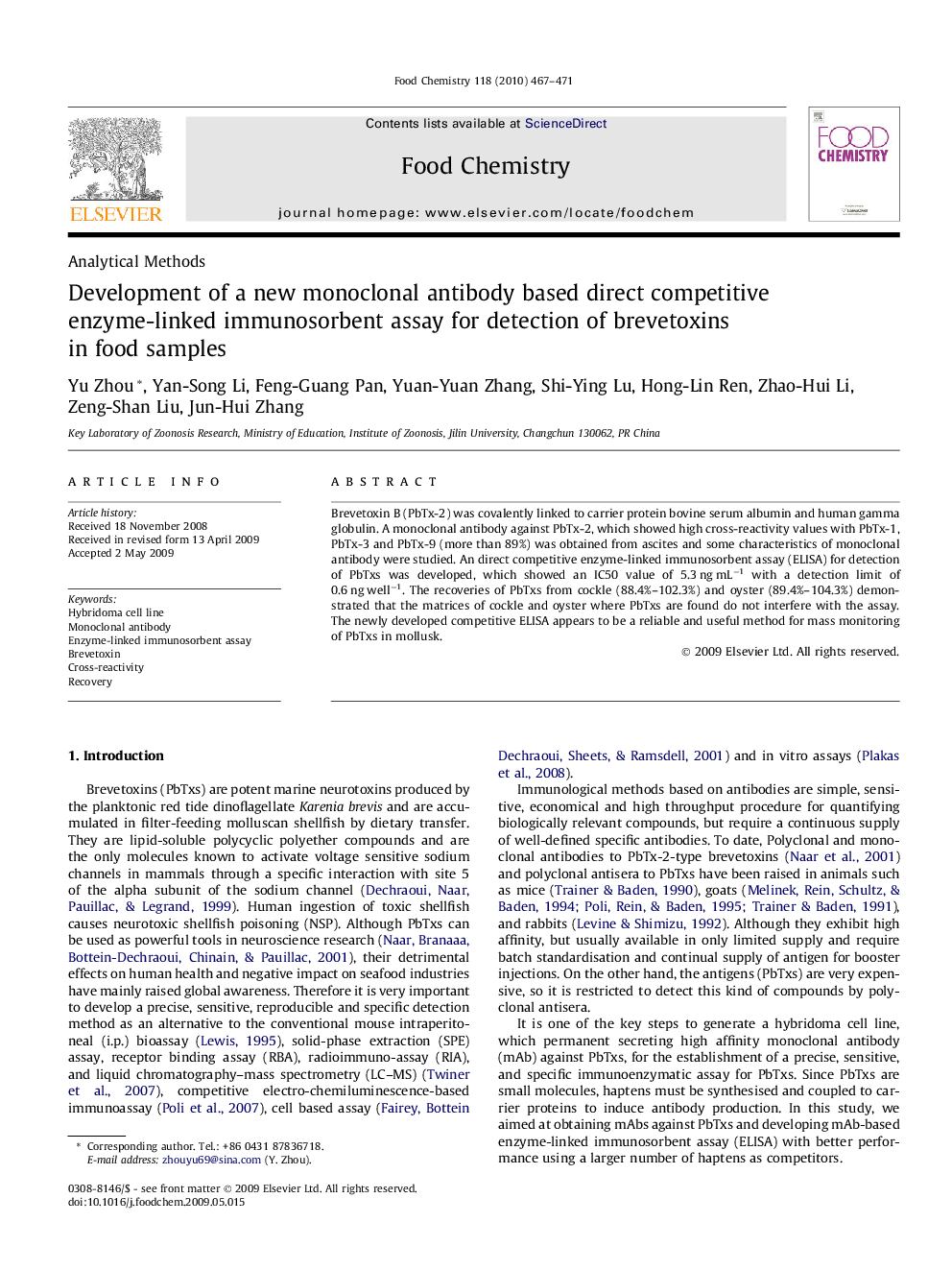 Development of a new monoclonal antibody based direct competitive enzyme-linked immunosorbent assay for detection of brevetoxins in food samples