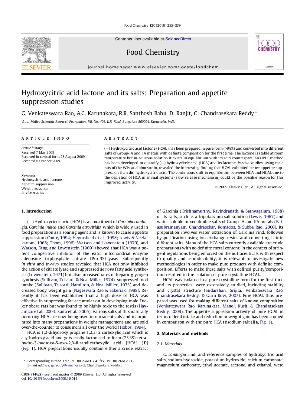 Hydroxycitric acid lactone and its salts: Preparation and appetite suppression studies