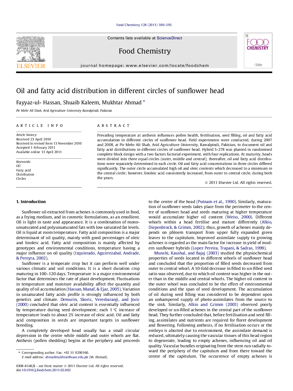 Oil and fatty acid distribution in different circles of sunflower head