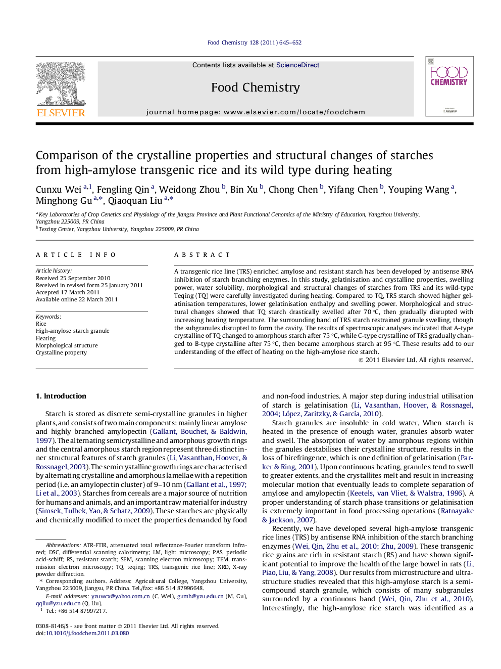 Comparison of the crystalline properties and structural changes of starches from high-amylose transgenic rice and its wild type during heating