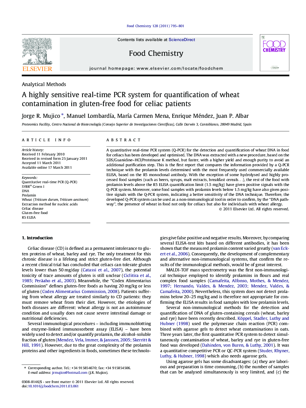 A highly sensitive real-time PCR system for quantification of wheat contamination in gluten-free food for celiac patients