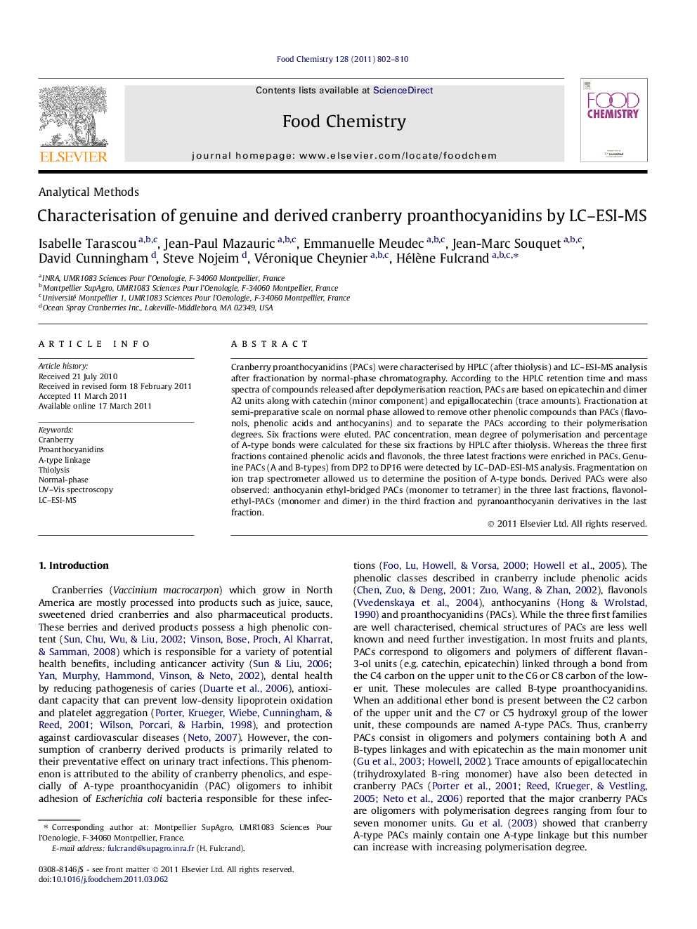 Characterisation of genuine and derived cranberry proanthocyanidins by LC–ESI-MS