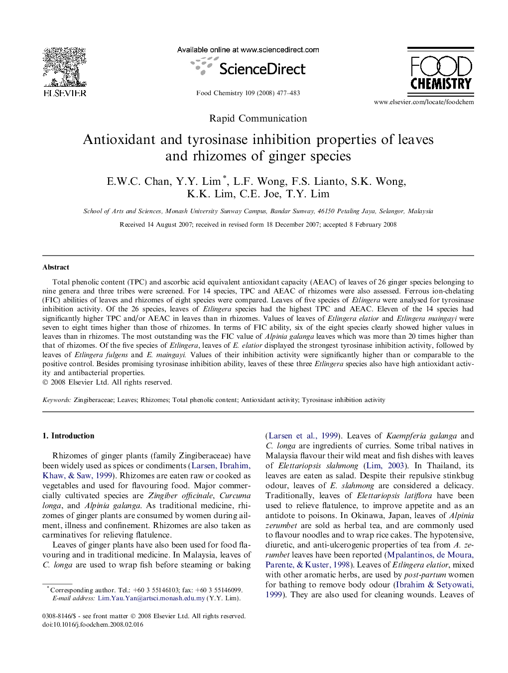 Antioxidant and tyrosinase inhibition properties of leaves and rhizomes of ginger species