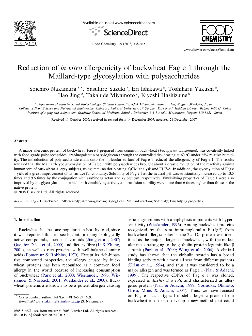 Reduction of in vitro allergenicity of buckwheat Fag e 1 through the Maillard-type glycosylation with polysaccharides