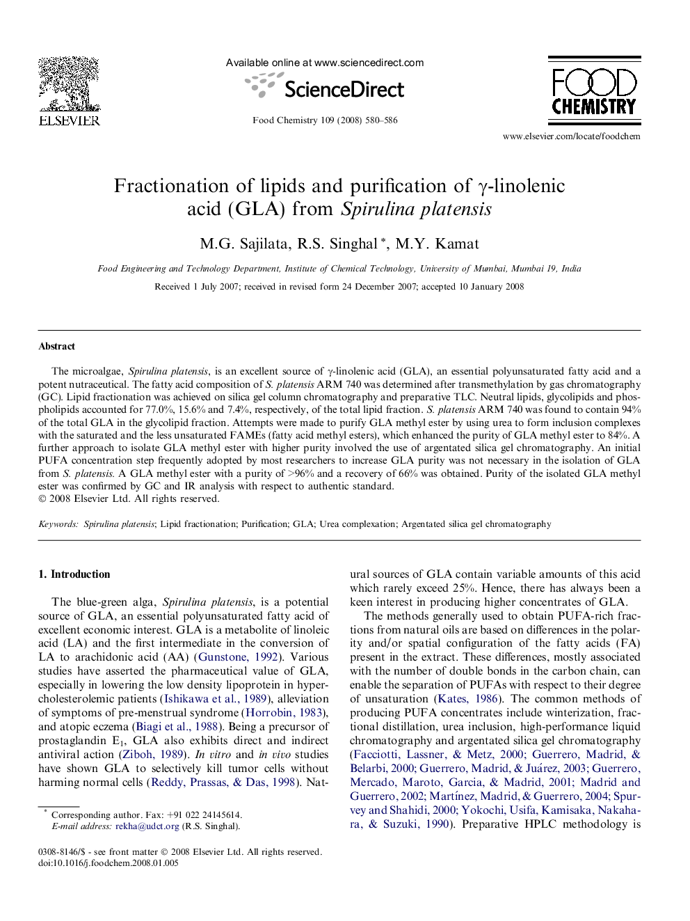 Fractionation of lipids and purification of γ-linolenic acid (GLA) from Spirulinaplatensis