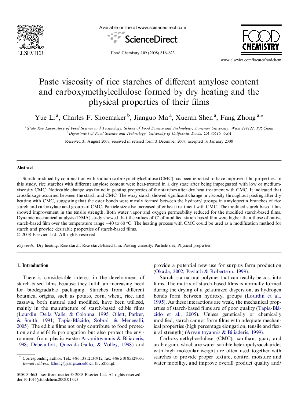 Paste viscosity of rice starches of different amylose content and carboxymethylcellulose formed by dry heating and the physical properties of their films