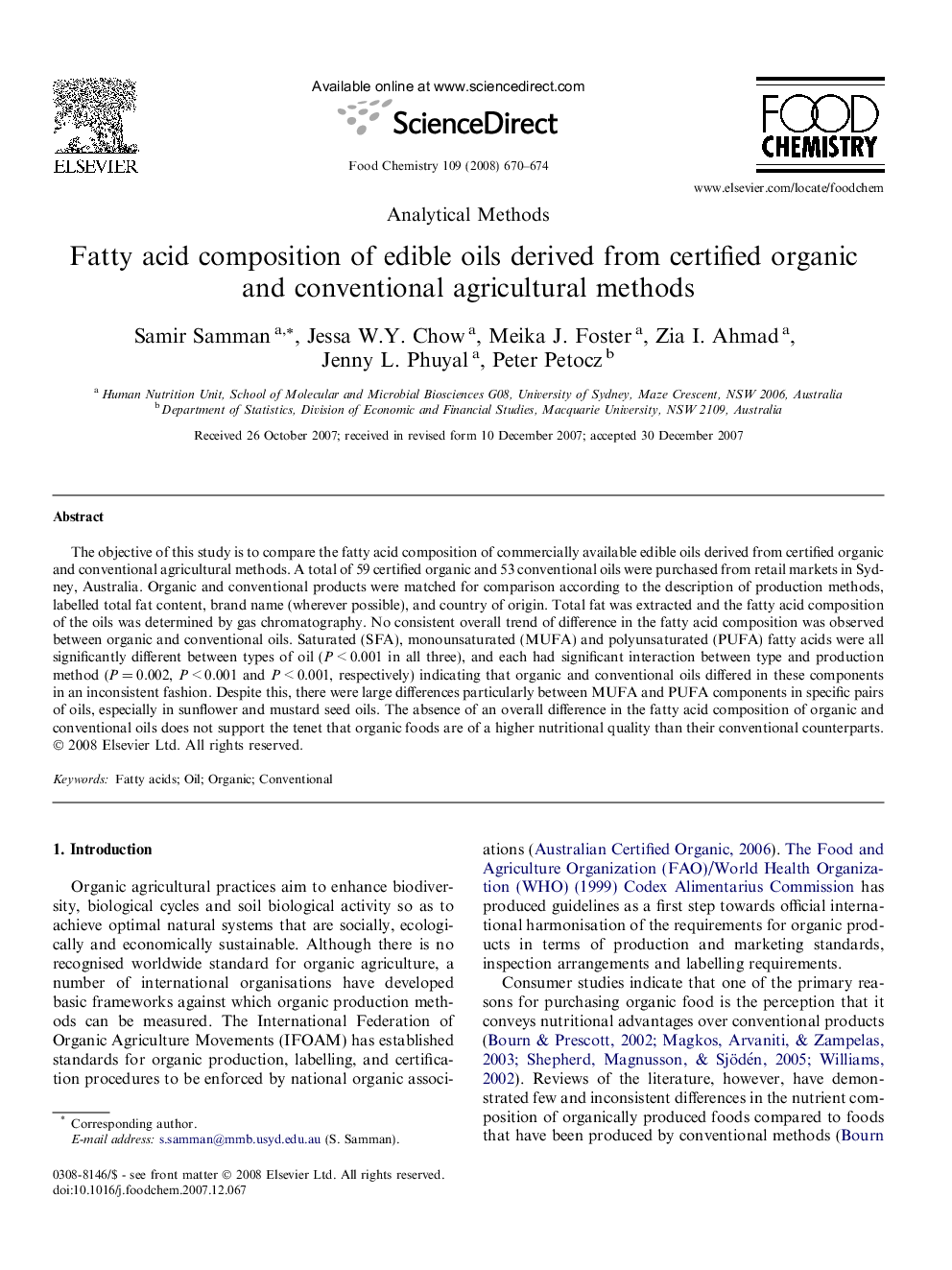 Fatty acid composition of edible oils derived from certified organic and conventional agricultural methods