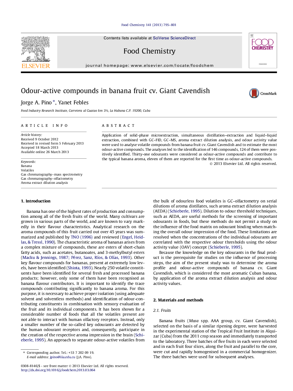 Odour-active compounds in banana fruit cv. Giant Cavendish