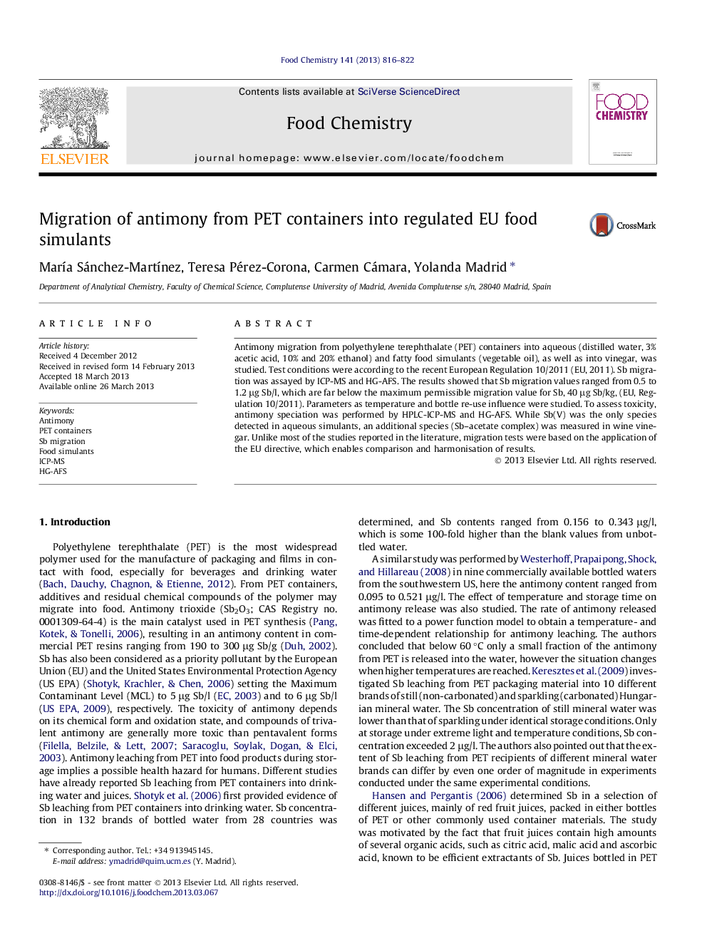 Migration of antimony from PET containers into regulated EU food simulants