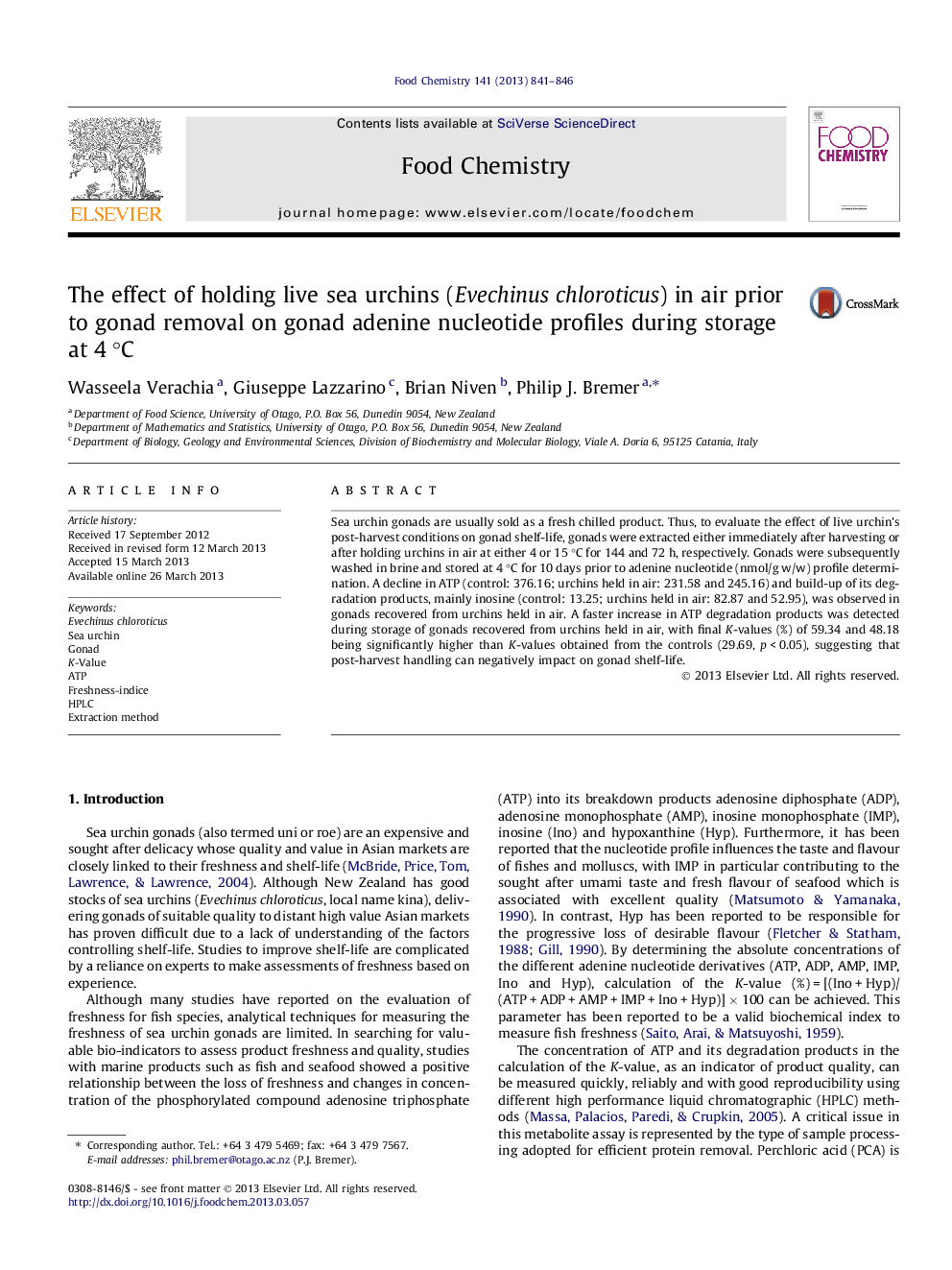 The effect of holding live sea urchins (Evechinus chloroticus) in air prior to gonad removal on gonad adenine nucleotide profiles during storage at 4Â Â°C