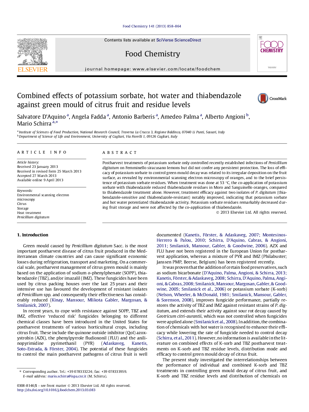 Combined effects of potassium sorbate, hot water and thiabendazole against green mould of citrus fruit and residue levels