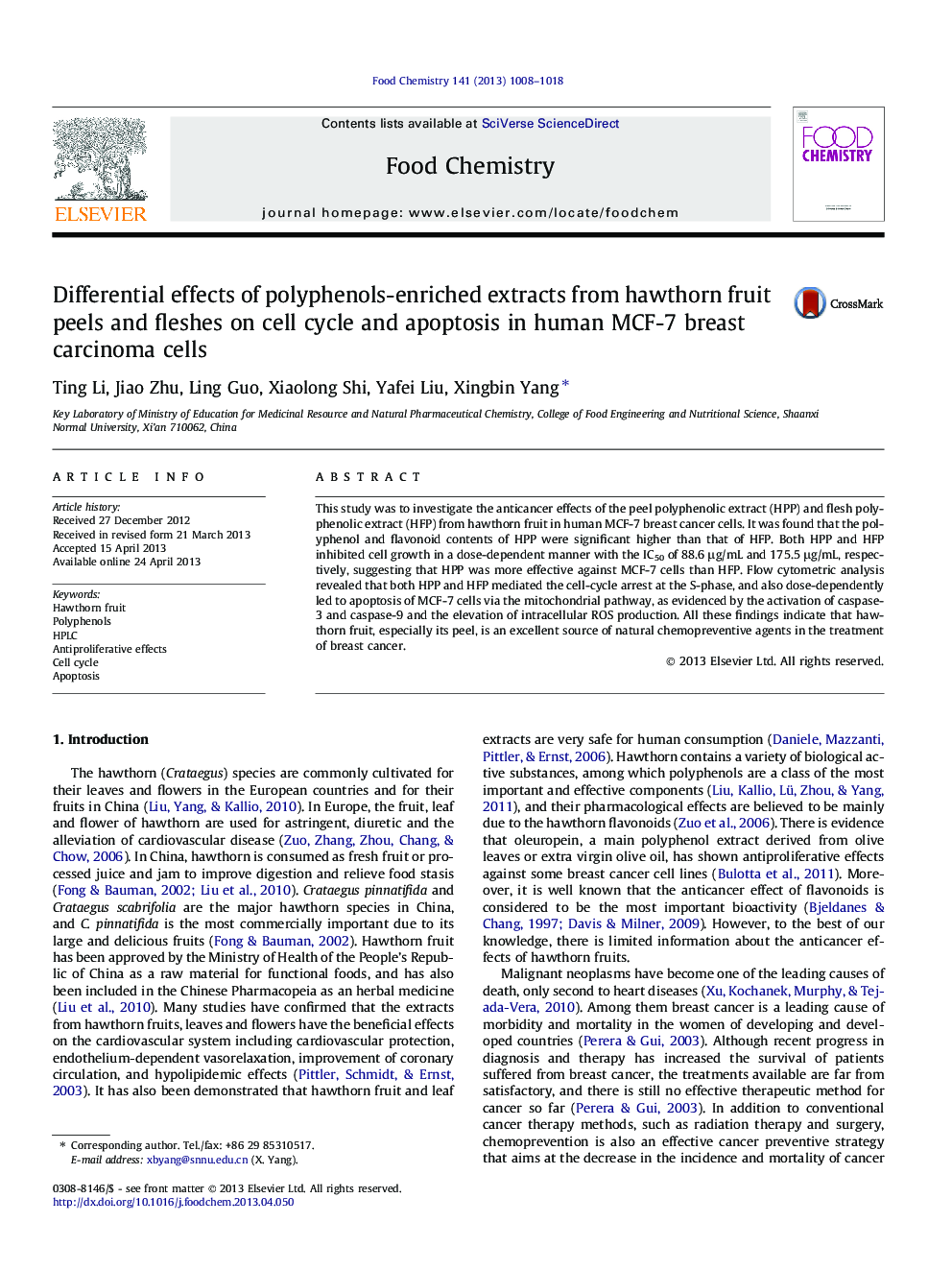 Differential effects of polyphenols-enriched extracts from hawthorn fruit peels and fleshes on cell cycle and apoptosis in human MCF-7 breast carcinoma cells