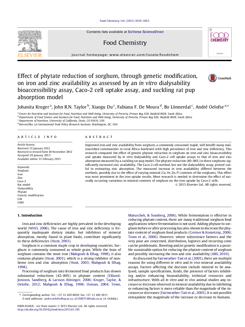 عکس صفحه اول مقاله: Effect of phytate reduction of sorghum, through genetic modification, on iron and zinc availability as assessed by an in vitro dialysability bioaccessibility assay, Caco-2 cell uptake assay, and suckling rat pup absorption model Effect of phytate reduction of sorghum, through genetic modification, on iron and zinc availability as assessed by an in vitro dialysability bioaccessibility assay, Caco-2 cell uptake assay, and suckling rat pup absorption model